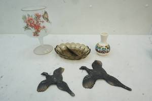 sioux indian vase, metal pheasants,  vintage apothecary candy jar