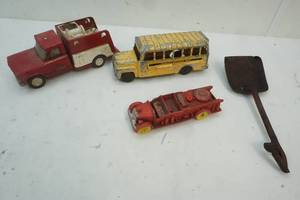 hubley school bus tonka fire truck metal shovel and hard rubber fire truck