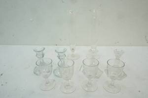 etched glass vases, candle holders and cups