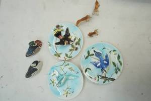bird plate norcrest fine china,avon ducks and porcelain dogs