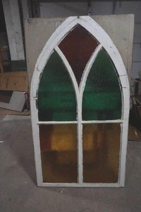vintage church window with plastic stained inserts