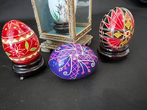 Small Intricately Painted Ukrainian Eggs with Display Stands and Case