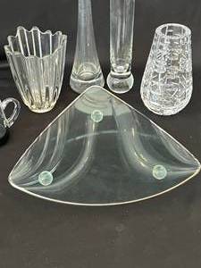 Clear Cut Glassware Vase Lot with Mid Century Platter