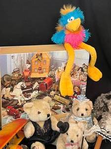 Assorted Toy Lot Stuffed Bears, Puzzle, Riding Horse and More