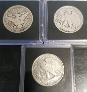 3 SILVER HALVES 1902 BARBER 1927-S 1943 WALKING LIBERTY