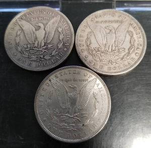 3 MORGAN SILVER DOLLARS 1881-S 1885 1886 VF-AU