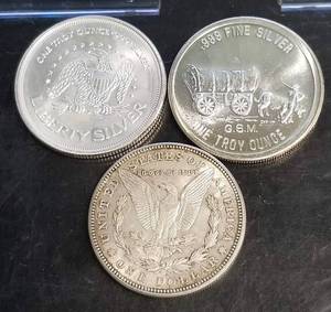 3 COINS 2 TROY OZ .999 FINE SILVER & 1x 1921-D MORGAN SILVER DOLLAR