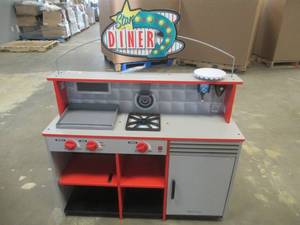 lot 808 image: Melissa & Doug Double-Sided Wooden Star Diner Restaurant Play Space (BOTH SIDE WALLS ARE CRACKED, MISSING A DOOR)