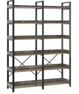 lot 810 image: Seventable Bookshelf 6 Tier with 4 Hooks69Industrial Wooden Bookcase, Vintage Storage Rack with Open Shelves, Rustic Standing Bookshelves Metal Frame 47.3 Wide Display Rack for Living Room, Gray