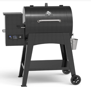 lot 833 image: PIT BOSS PB700FB1 Pellet Grill, 743 Square Inches, Black (SLIGHTLY USED, BROKEN HINGE, MISSING HARDWARE, SLIGHT SCRATCH & DENT)