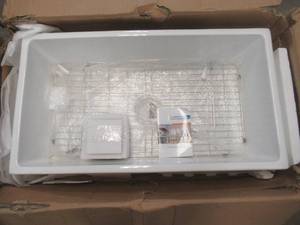 lot 857 image: White Ceramic Farmhouse Sink 36 in x 20 in - Comes with Bottom Grid