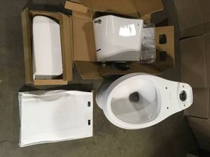 Glacier Bay 10 in. Rough-in 2-Piece 1.28 GPF High Efficiency Single Flush Elongated All-in-One Toilet in White, Seat Included, Open Box, Review all pictures