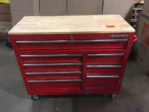 Husky 42 in. W x 18.1 in. D 8-Drawer Red Mobile Workbench Cabinet with Solid Wood Top, Customer return, Review all pictures