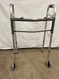 lot 4 image: MSRP $72&nbspGuardian Easy Care Lightweight 2 Button Adjustable Height Folding Walker With 5 Inch Fixed Wheels - Like New Condition