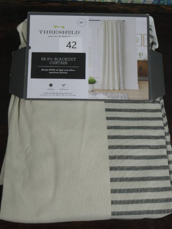 lot 42 image: 1pc Blackout Woven Stripe Border Window Curtain Panel - Threshold, Gray