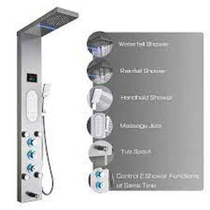 lot 108 image: ELLO&ALLO LED Shower Panel Tower System, Rainfall and Mist Head Rain Massage Stainless Steel Shower Fixtures with Adjustable Body Jets, Brushed Nickel