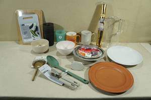Assorted New Kitchen Products -Cutting Boards, Table Runner, Plates, Can Opener