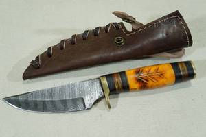 8.5 Damascus Style Blade, Bone Handle Hunting Knife with Leather Sheath