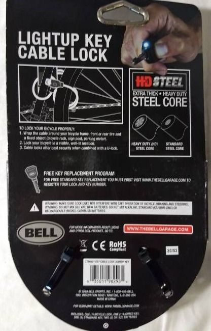 lot 81 image: Bell Lightup Key Cable Bike Lock 8 mm 6 ft Extra Thick Level 3 Security Steel Core Black