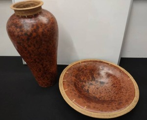 lot 15 image: Primitive Stoneware Ceramic Floor Vessel Vase and Bowl with Woven Straw Edge Rim