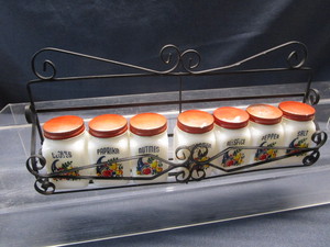 lot 56 image: Vintage Spice Rack & Milk Glass Jars