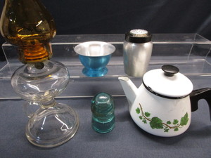 lot 95 image: Finger Lamp, Enamel Teapot