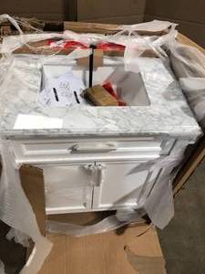 Home Decorators Caville 30 in. W x 22 in. D x 34.5 in. H Bath Vanity in White with Carrara Marble Top customer return review pictures