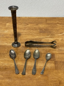 Sterling Weighted Candle Holder, Silver Plated Spoons and Ice Tongs