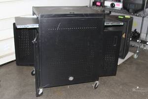 lot 110 image: Bretford Moblie 2-Sided Rolling Audio  Video Equipment Cart on Casters with Doors & Sliding  Slide-Out Keyboard Tray