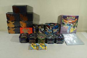 Assorted Pokemon Card Boxes, Tins, and Vintage Binder