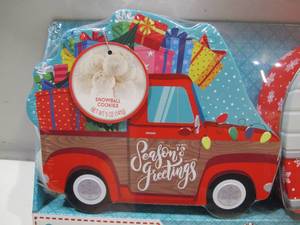 lot 59 image: NEW 3 Piece Vintage Tin Gift Set Featuring Snowball Cookies, Peppermint Popcorn and Fudge Pretzels