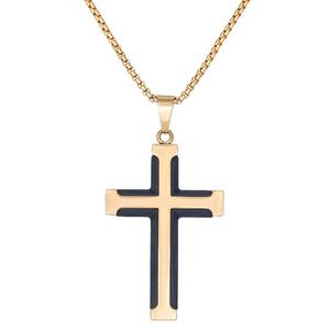 lot 101 image: Brand New Lynx Mens Goldtone Stainless Steel and Forged Carbon Fiber Cross Pendant Necklace