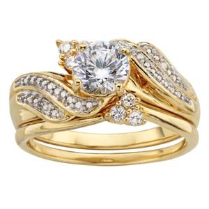 lot 124 image: Brand New 18K Gold Over Sterling Silver Round CZ and Diamond-Accent Interlocking Bridal Set