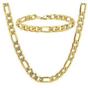 lot 65 image: Brand New Steeltime Mens Stainless Steel or 18K Gold Over Stainless Steel Figaro 24 Chain and 8-12 Bracelet Set