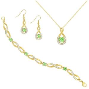 lot 68 image: Brand New Goldtone Simulated Birthstone Infinity Pendant Necklace, Bracelet and Earrings Set-Emerald