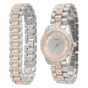 lot 96 image: Brand New Geneve Womens Rose Goldtone & Silvertone Crystal Watch and Bracelet Set