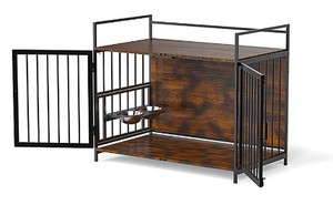 ROOMTEC End Table Furniture Style Large Dog Crate with 360° & Adjustable Raised Feeder for Dogs with 2 Stainless Steel Bowls
