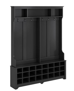 Seafuloy 77.1 in. H Black Multiple Functions Hallway Coat Rack with Metal Black Hooks and 24-Shoe Cubbies