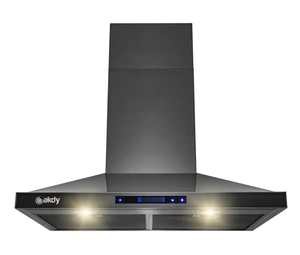 lot 580 image: AKDY 30 in. 343 CFM Convertible Wall Mount Black Stainless Steel Kitchen Range Hood with Touch Panel (OPEN BOX)