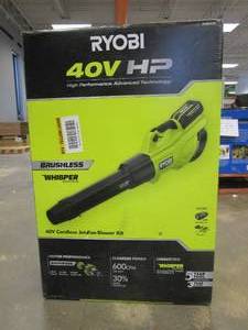 lot 544 image: RYOBI 40V HP Brushless Whisper Series 155 MPH 600 CFM Cordless Battery Leaf Blower with 4.0 Ah Battery and Charger (APPEARS TO BE IN NEW CONDITION)