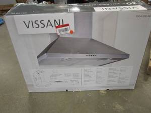 lot 575 image: Vissani 30 in. W Convertible Wall Mount Range Hood with 2 Charcoal Filters in Stainless Steel (OPEN BOX, SMALL DENT ON HOOD, SEE PHOTOS)