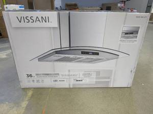 lot 605 image: Vissani 36 in. W Convertible Glass Island Mount Range Hood with Dual-Sided Touch Panels and Charcoal Filters in Stainless Steel (OPEN BOX)
