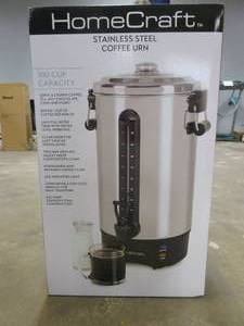 lot 626 image: Home Craft 100-Cup Stainless Steel Coffee Urn with 2-Spigots (OPEN BOX)