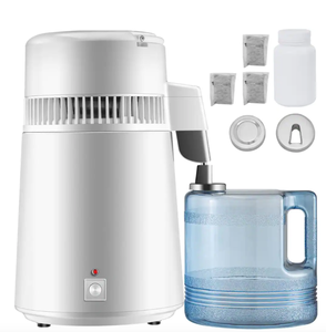 lot 632 image: VEVOR Water Distiller 750 Watt Purifier Filter 1.1 Gal. Fully Upgraded Distilling Pure Water Machine with Handle, White (USED)