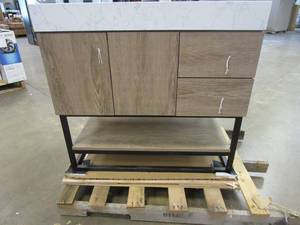 lot 716 image: Alistair 36 in. Bath Vanity in North American Oak with Grain Stone Top in White with White Basin (NICE CONDITION)