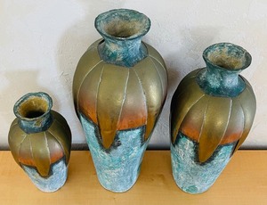 lot 38 image: Trio of Pottery Vases with Brass and Copper Accents