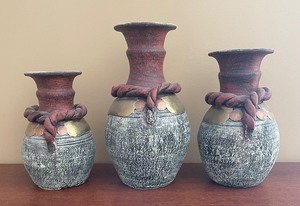 lot 82 image: Trio of Pretty Pottery Vases with Metal Accents