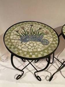 lot 146 image: Two Metal Mosaic Topped Plant Stands  Tables