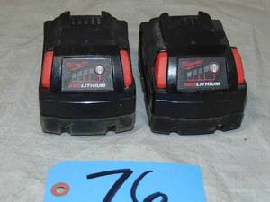 lot 76 image: 2 Pack Milwaukee M18 RED LITHIUM XC 5.0 Battery 18V 5.0Ah Fully Charged
