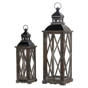 lot 79 image: Glitzhome Set of 2 Farmhouse Wooden Lanterns Diamond Window Frame Candle Holder